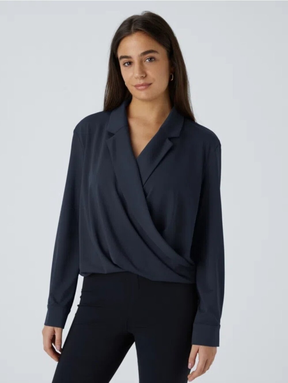 HALARA NWT Navy Blue Notched Collar Crossover Wrap Long Sleeve Work Shirt M